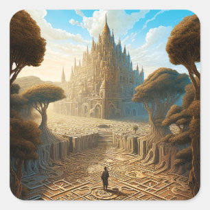 Pegatina Cuadrada Surreal Maze Castle Paisaje Fantasía Arte