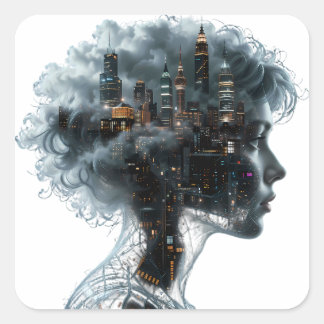 Pegatina Cuadrada Surreal Mindscape: City within a Woman's Head