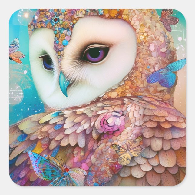 Pegatina Cuadrada Surreal Owl Fantasy Art (Anverso)