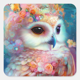 Pegatina Cuadrada Surreal Owl Fantasy Art