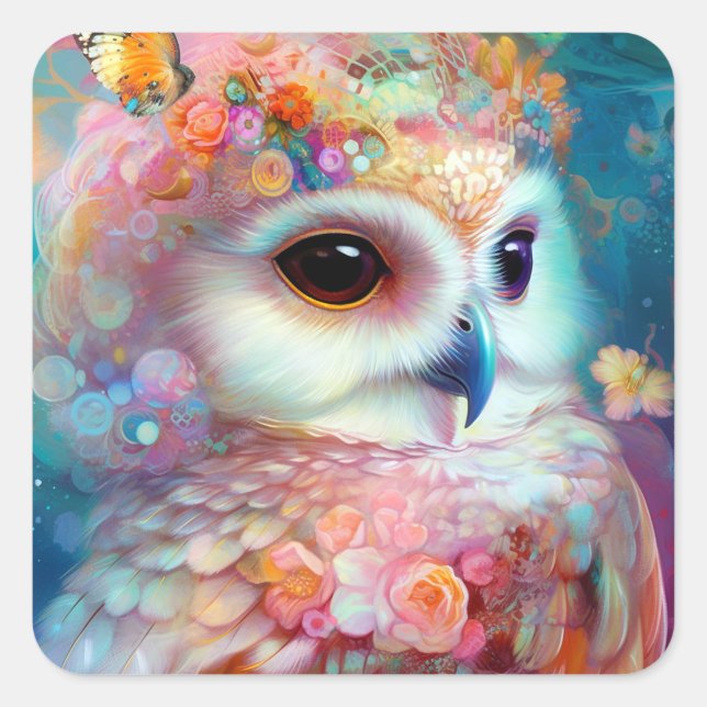Pegatina Cuadrada Surreal Owl Fantasy Art (Anverso)