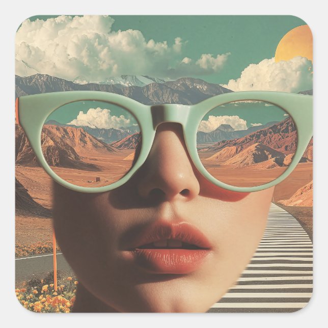Pegatina Cuadrada Surreal Portrait With Glasses Reflecting Desert (Anverso)