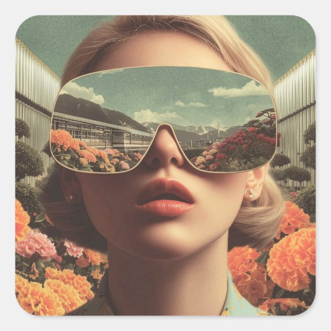 Pegatina Cuadrada Surreal Portrait With Sunglasses Reflecting Flower (Anverso)