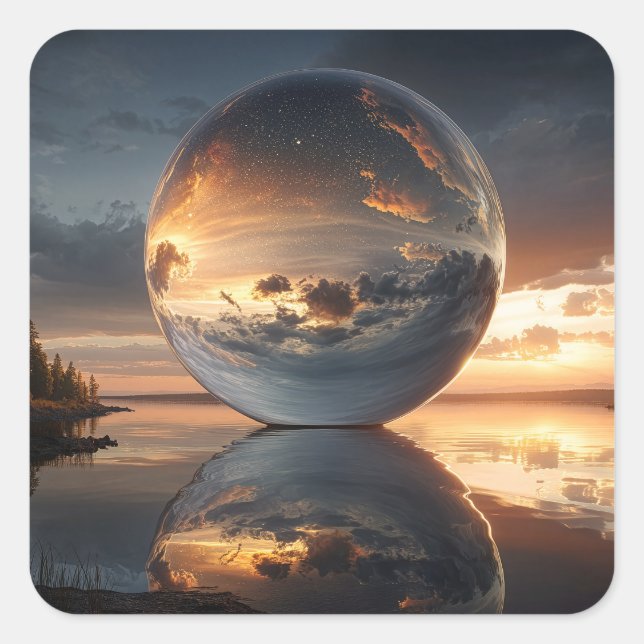 Pegatina Cuadrada Surreal Reflective Sphere With Sunset Clouds Over  (Anverso)