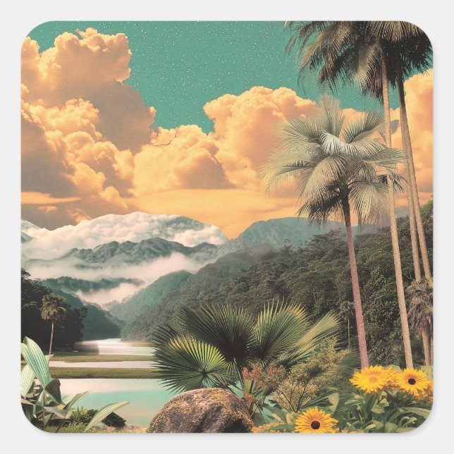 Pegatina Cuadrada Surreal Tropical Valley With Palm Trees (Anverso)