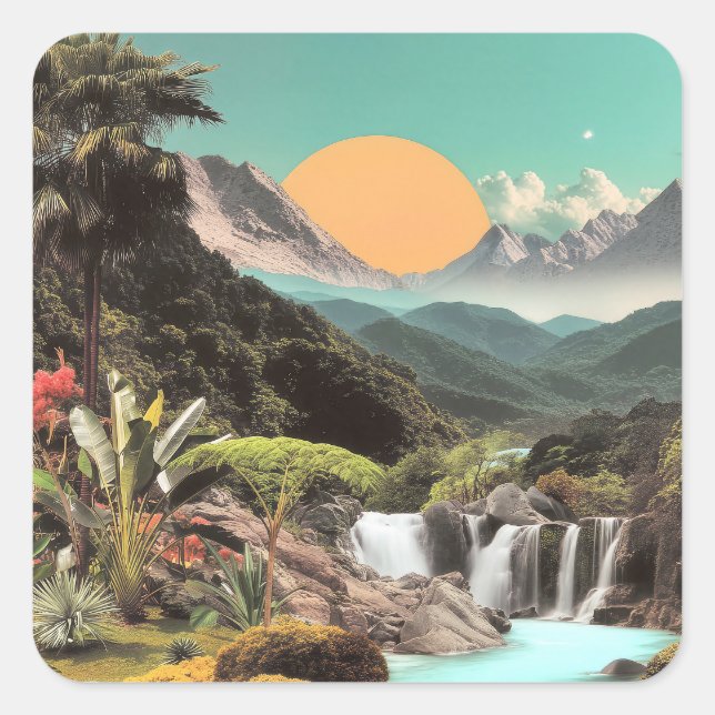 Pegatina Cuadrada Surreal Tropical Valley With Waterfalls (Anverso)