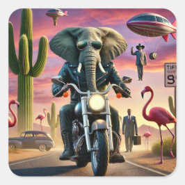 Pegatina Cuadrada Surrealista Elephant Biker Desert Rige