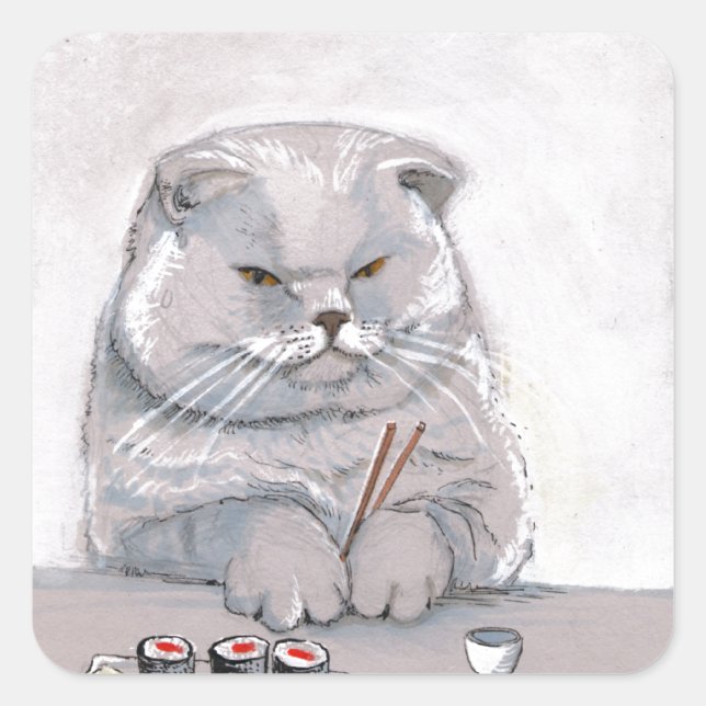 Pegatina Cuadrada Sushi Cat Mr Grump ©CSiravo (Anverso)