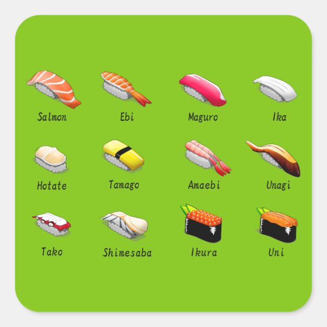 Pegatina Cuadrada Sushi Wasabi comida japonesa linda (Anverso)