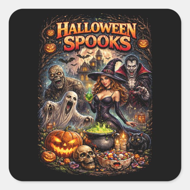 Pegatina Cuadrada Sustos de Halloween (Anverso)