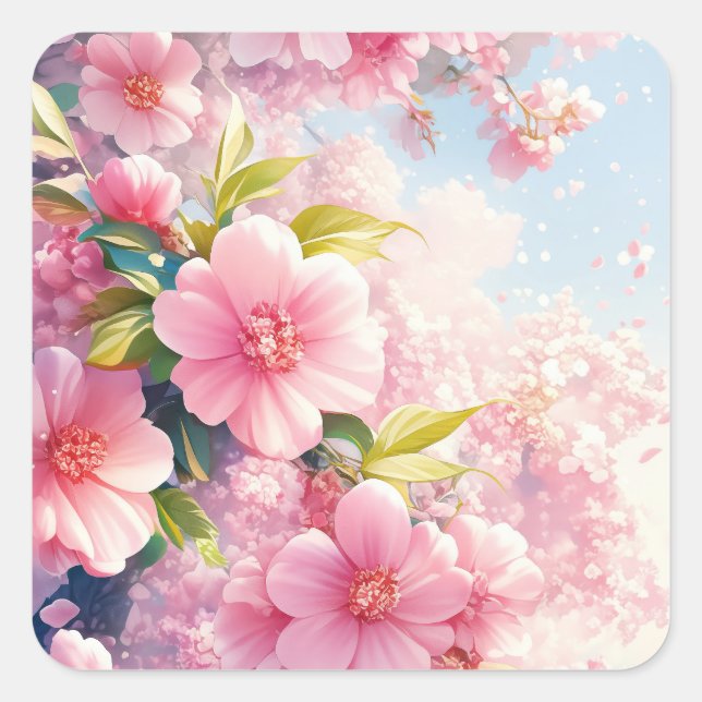 Pegatina Cuadrada Susurros de Flor de Cerezo de Primavera (Anverso)