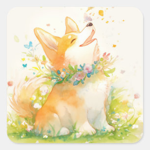 Pegatina Cuadrada Susurros de primavera con un Corgi feliz