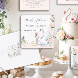 Pegatina Cuadrada Swan Elegant Floral Rubor Pink Ribbon Baby Shower