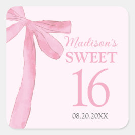 Pegatina Cuadrada Sweet 16 Birthday Coquette Pink Bow Personalized 