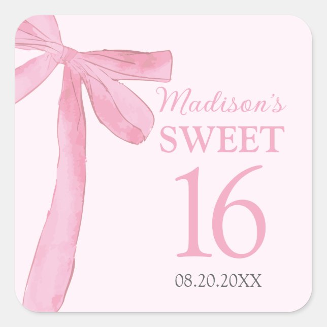 Pegatina Cuadrada Sweet 16 Birthday Coquette Pink Bow Personalized  (Anverso)