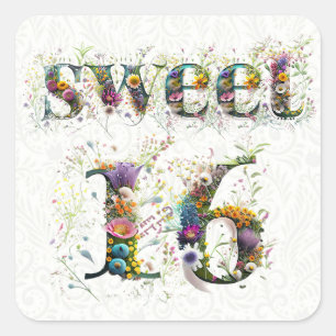 Pegatina Cuadrada Sweet 16 Happy Birthday Wildflowers Text