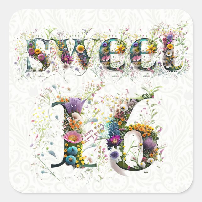 Pegatina Cuadrada Sweet 16 Happy Birthday Wildflowers Text (Anverso)