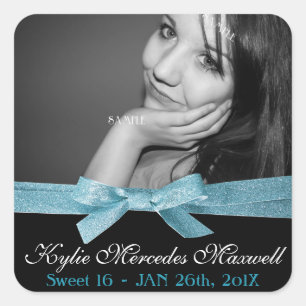 Pegatina Cuadrada Sweet 16 Large Photo with Cute Blue Purpurina Ribb