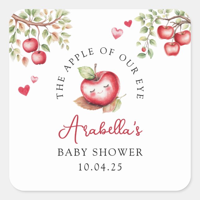 Pegatina Cuadrada Sweet Apple Of Our Eye Baby Shower (Anverso)