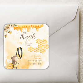 Pegatina Cuadrada Sweet As Can Bee Honey Bear Baby Shower Yellow