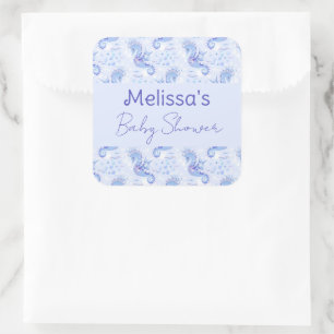 Pegatina Cuadrada Sweet Blue Lavender Seahorse Ocean Baby Shower