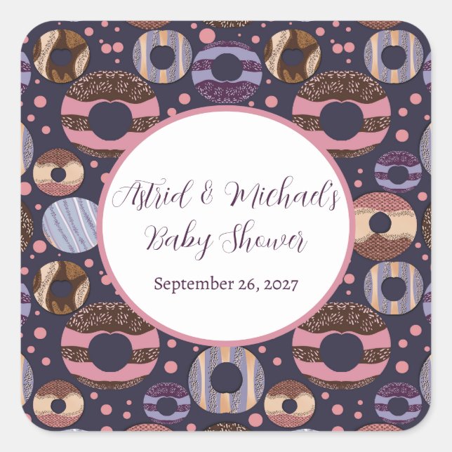 Pegatina Cuadrada Sweet Donuts Purple Chica Baby Shower (Anverso)