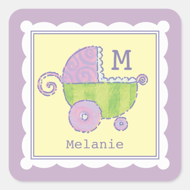 Pegatina Cuadrada Sweet Dreams Baby Carriage Lavender Monogrammed (Anverso)