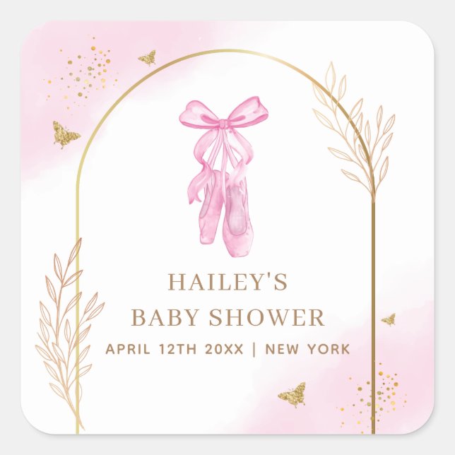 Pegatina Cuadrada Sweet Elegant Arch Ballerina Chica Baby Shower (Anverso)