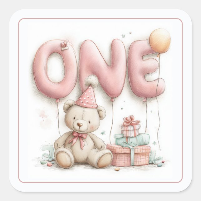 Pegatina Cuadrada Sweet First Birthday Sticker with Teddy Bear  (Anverso)
