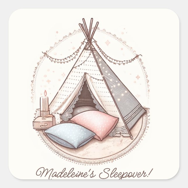 Pegatina Cuadrada Sweet Girly Teepee Sleepover Fiesta Cumpleaños (Anverso)