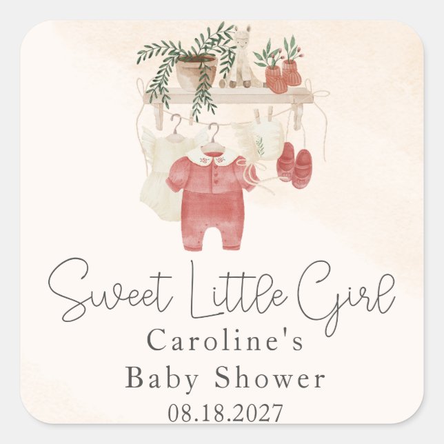 Pegatina Cuadrada Sweet Little Girl Boho Clothes Baby Shower (Anverso)