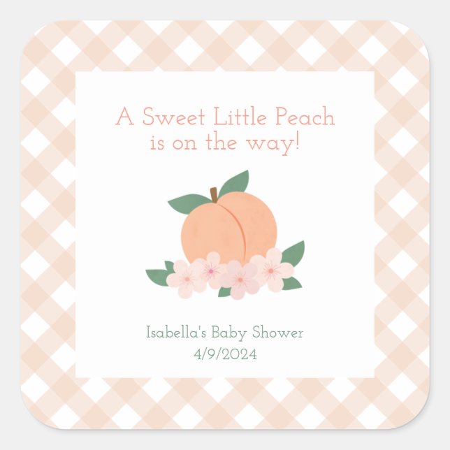 Pegatina Cuadrada Sweet Little Peach Baby Shower (Anverso)