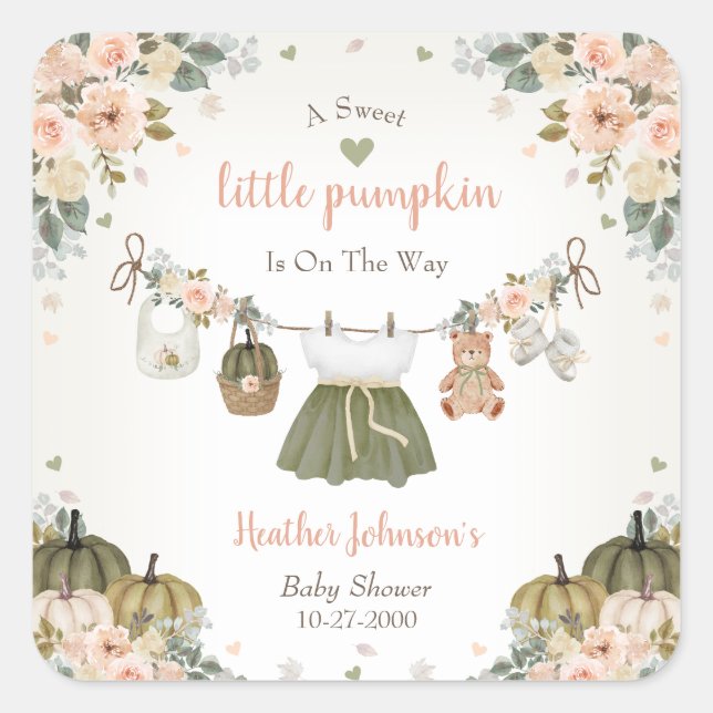 Pegatina Cuadrada Sweet Little Pumpkin Autumn Baby Shower (Anverso)