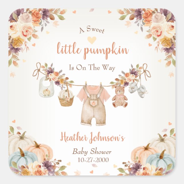 Pegatina Cuadrada Sweet Little Pumpkin Autumn Baby Shower (Anverso)