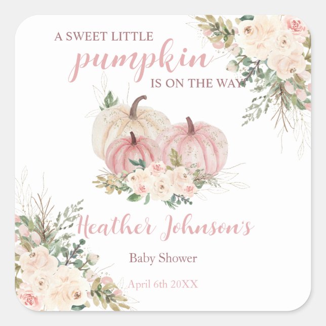 Pegatina Cuadrada Sweet Little Pumpkin Autumn Baby Shower (Anverso)
