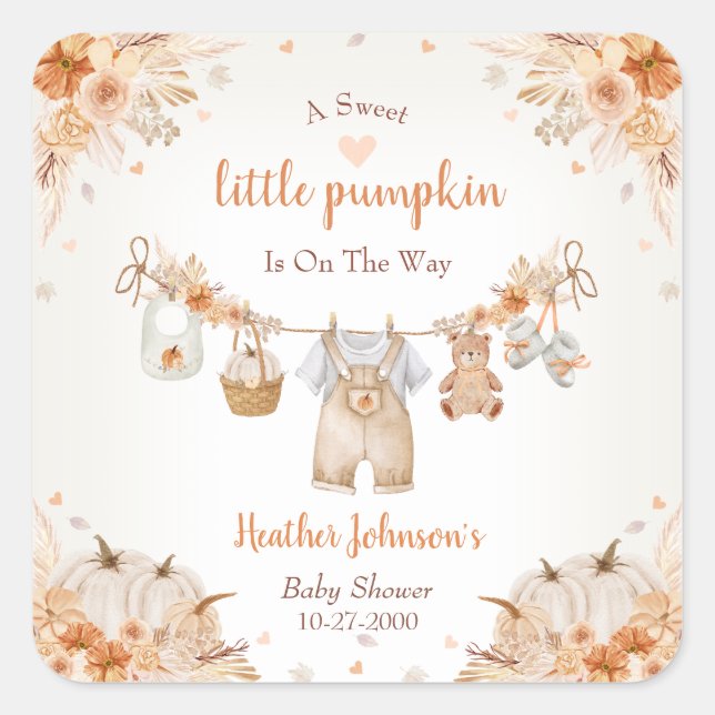 Pegatina Cuadrada Sweet Little Pumpkin Autumn Baby Shower (Anverso)