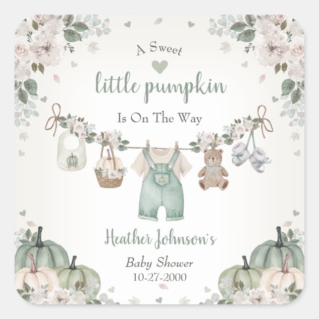 Pegatina Cuadrada Sweet Little Pumpkin Autumn Baby Shower (Anverso)