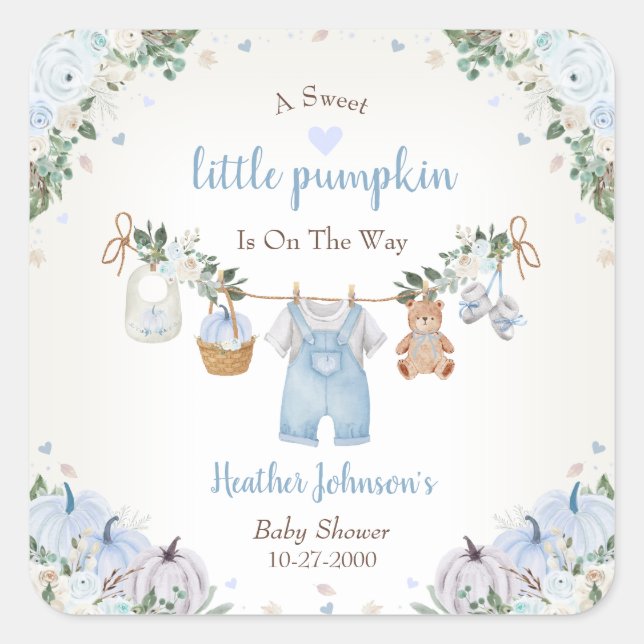 Pegatina Cuadrada Sweet Little Pumpkin Autumn Baby Shower (Anverso)