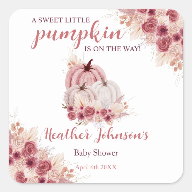 Pegatina Cuadrada Sweet Little Pumpkin Autumn Baby Shower (Anverso)