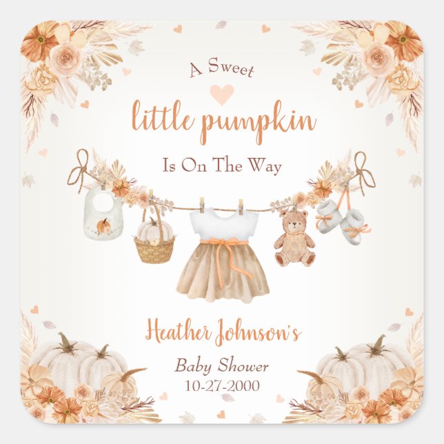 Pegatina Cuadrada Sweet Little Pumpkin Autumn Baby Shower (Anverso)