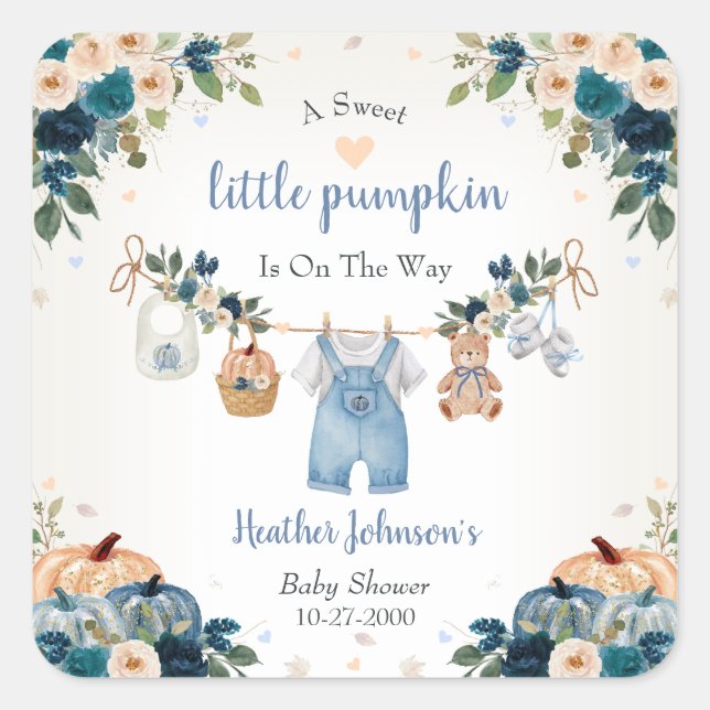 Pegatina Cuadrada Sweet Little Pumpkin Autumn Baby Shower (Anverso)