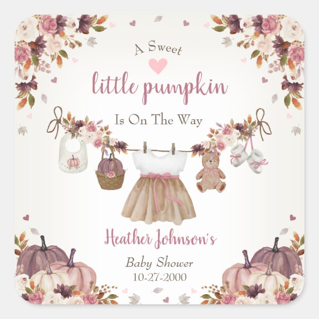 Pegatina Cuadrada Sweet Little Pumpkin Autumn Baby Shower (Anverso)
