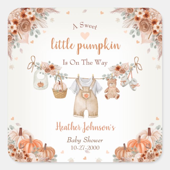 Pegatina Cuadrada Sweet Little Pumpkin Autumn Baby Shower (Anverso)