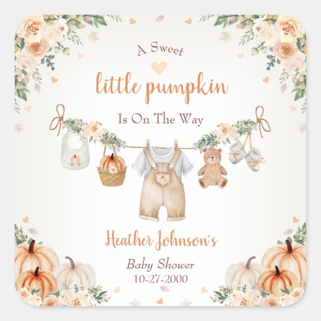 Pegatina Cuadrada Sweet Little Pumpkin Autumn Baby Shower (Anverso)