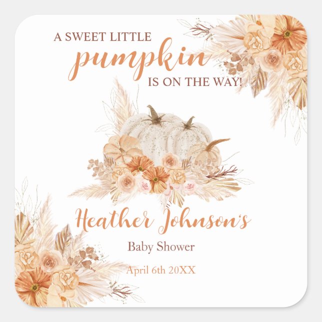Pegatina Cuadrada Sweet Little Pumpkin Autumn Baby Shower (Anverso)