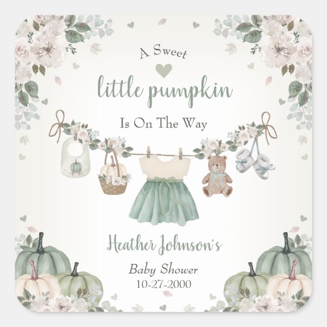Pegatina Cuadrada Sweet Little Pumpkin Autumn Baby Shower (Anverso)