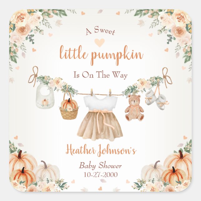 Pegatina Cuadrada Sweet Little Pumpkin Autumn Baby Shower (Anverso)