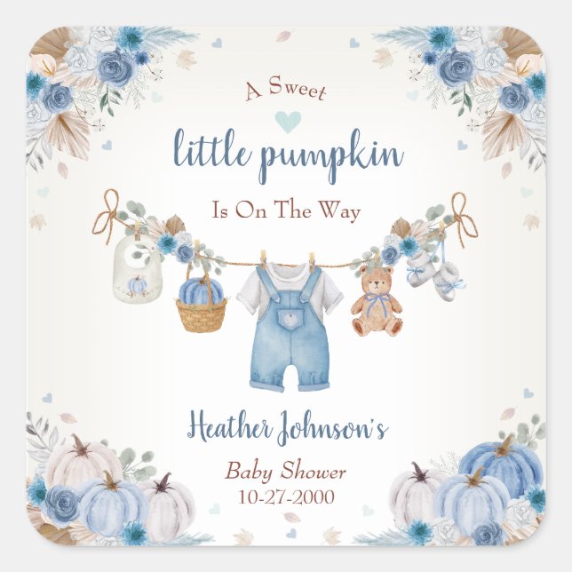 Pegatina Cuadrada Sweet Little Pumpkin Autumn Baby Shower (Anverso)