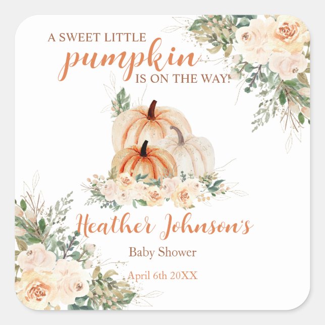 Pegatina Cuadrada Sweet Little Pumpkin Autumn Baby Shower (Anverso)