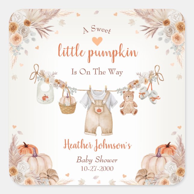 Pegatina Cuadrada Sweet Little Pumpkin Autumn Baby Shower (Anverso)